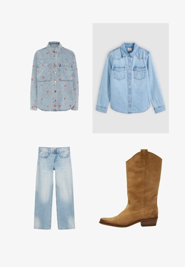 Chemise en denim bleu clair à manches longues, avec deux poches poitrine et des broderies de fleurs rouges éparpillées. Boutonnage sur le devant avec des boutons en argent.; Chemise en denim bleu clair à manches longues avec fermeture par boutons, deux poches poitrine à rabats et un col classique pointu sur fond gris.; Jean bleu clair à jambes larges avec cinq poches, passants pour ceinture, fermeture par bouton et légère décoloration sur l'avant des cuisses et des genoux.; Bottines de cowboy en daim marron avec une tige haute, un bout pointu et des coutures blanches subtiles. Présente un accent à motif près du talon et un talon en bois empilé.