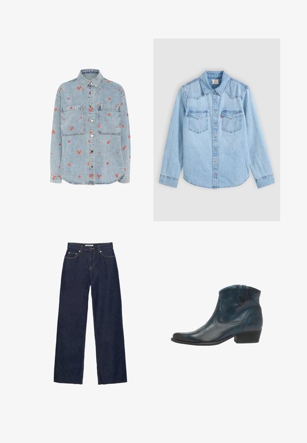 Lichtblauwe denim overhemd met lange mouwen, twee borstzakken en verspreide rode bloemenborduursels. Knopsluiting aan de voorkant met zilveren knopen.; Lichtblauw denim overhemd met lange mouwen, knoopsluiting, twee borstzakken met kleppen en een klassieke puntige kraag op een grijze achtergrond.; Donkerblauwe rechte spijkerbroek met knopen- en ritssluiting, vijf zakken en zichtbare contrasterende stiksels.; Cowboyenklaar met een donkerblauwe leren uitvoerig, met een puntige neus, gebogen accenten en een lage gestapelde hak met subtiele stiksels.