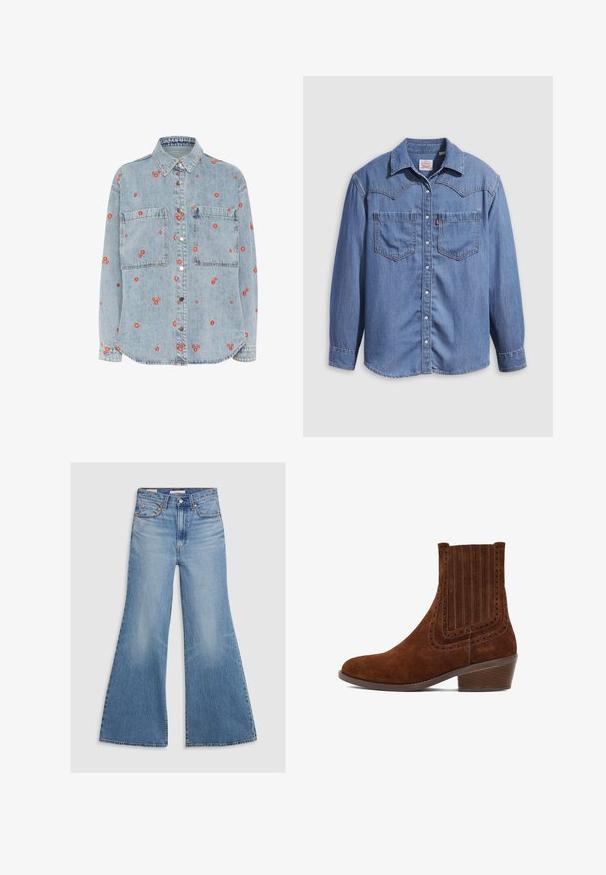 Lys blå denimskjorte med lange ærmer, to brystlommer og spredt rød blomst broderi. Knappet foran med sølvknapper.; Lyseblå denimskjorte med spidst krave, to brystlommer og trykknapper. Har et western-inspireret stykke på skuldrene.; Lysvasket denim flared jeans med høj talje, frontlommer og bronze hardware. Stoffet har en falmet tekstur med en glat finish.; Brune suede ankelstøvle med en spidset form, lodrette syninger og perforerede detaljer langs siderne. Indeholder en lav, stablet hæl.