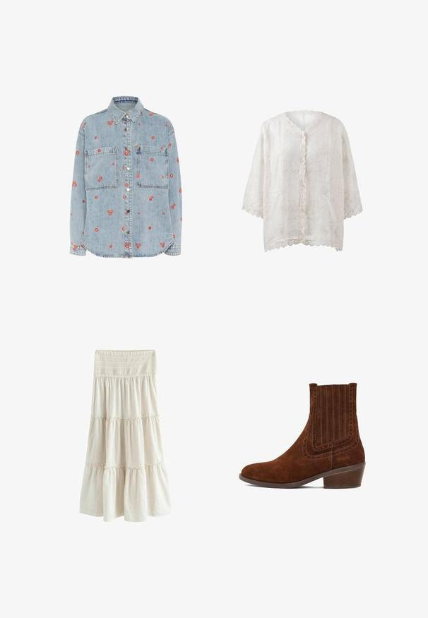 Lys blå denimskjorte med lange ærmer, to brystlommer og spredt rød blomst broderi. Knappet foran med sølvknapper.; Hvid halv-gennemsigtig bluse med blomsterbroderi, knapper foran, bølgende kanter og trekvartlange ærmer, vist på en ensartet hvid baggrund.; Kremfarvet lagdelt maksimal nederdel med rynket elastik i taljen og indsamlede stofpaneler, der skaber en flydende, voluminøs silhuet.; Brune suede ankelstøvle med en spidset form, lodrette syninger og perforerede detaljer langs siderne. Indeholder en lav, stablet hæl.