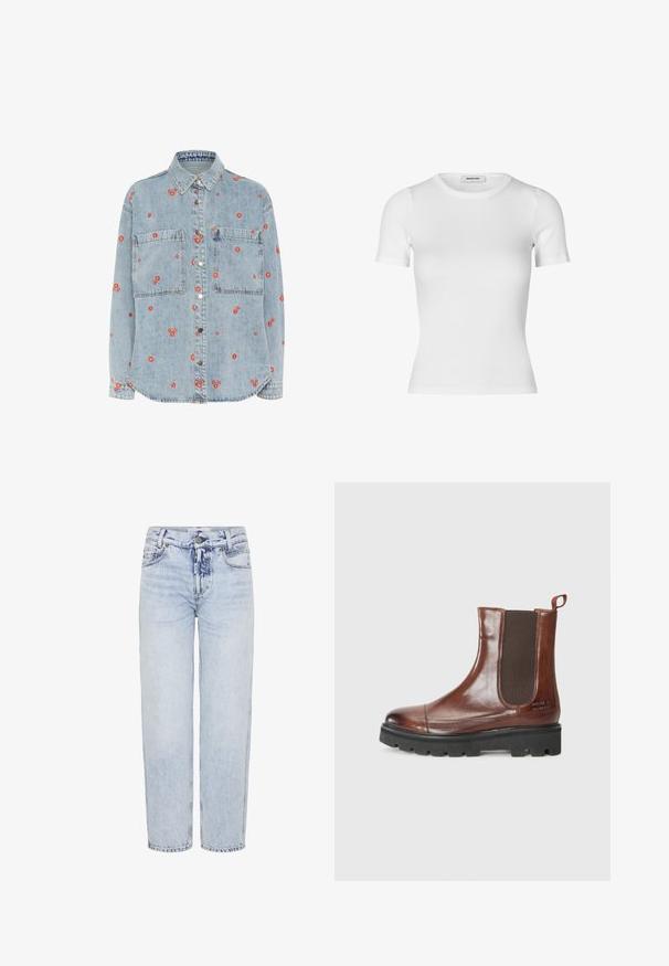 Lichtblauwe denim overhemd met lange mouwen, twee borstzakken en verspreide rode bloemenborduursels. Knopsluiting aan de voorkant met zilveren knopen.; Wit T-shirt met korte mouwen, gemaakt van geribd materiaal. Heeft een ronde halslijn en een aansluitend silhouet. Glad oppervlak zonder patronen.; Lichtblauwe, hoge taille jeans van denim; recht gesneden met voorzakken, een knoopsluiting en minimale vervaging.; Bruine leren Chelsea boots met elastische zijkappen, ronde tenen en een dikke zwarte rubberen zool. Voorzien van een treklus voor gemakkelijke aan- en uittrek.