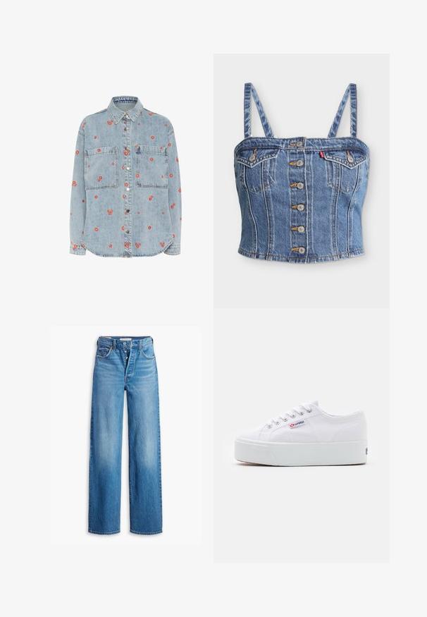 Chemise en denim bleu clair à manches longues, avec deux poches poitrine et des broderies de fleurs rouges éparpillées. Boutonnage sur le devant avec des boutons en argent.; Débardeur court en denim avec bretelles fines, fermeture à boutons sur le devant, deux poches poitrine à rabat, et surpiqûres contrastées.; Jeans en denim bleu à taille haute, design à jambes larges et style à cinq poches. Présente un zip à bouton et une finition délavée.; Baskets en toile blanches avec une épaisse semelle plateforme blanche, bout rond et œillets en métal pour les lacets. Logo de la marque affiché sur le côté.