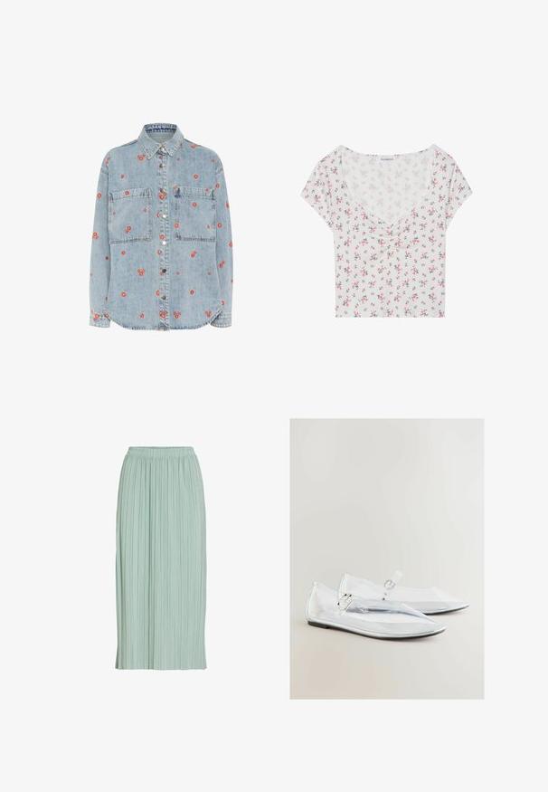 Lichtblauwe denim overhemd met lange mouwen, twee borstzakken en verspreide rode bloemenborduursels. Knopsluiting aan de voorkant met zilveren knopen.; Kortdurende mouwen, V-hals cropped top in lichtgrijs met een bloemmotief featuring roze en groene accenten; zachte, lichte stof met een lichte rimpeling.; Lichtgroene geplisseerde midi-rok met elastische tailleband, rechte pasvorm en lichtgewicht stof.; Duidelijke plastic ballet flats met spitse neuzen, zilveren accenten en een gespband. Gladde textuur en slank ontwerp. Verstelbare pasvorm.