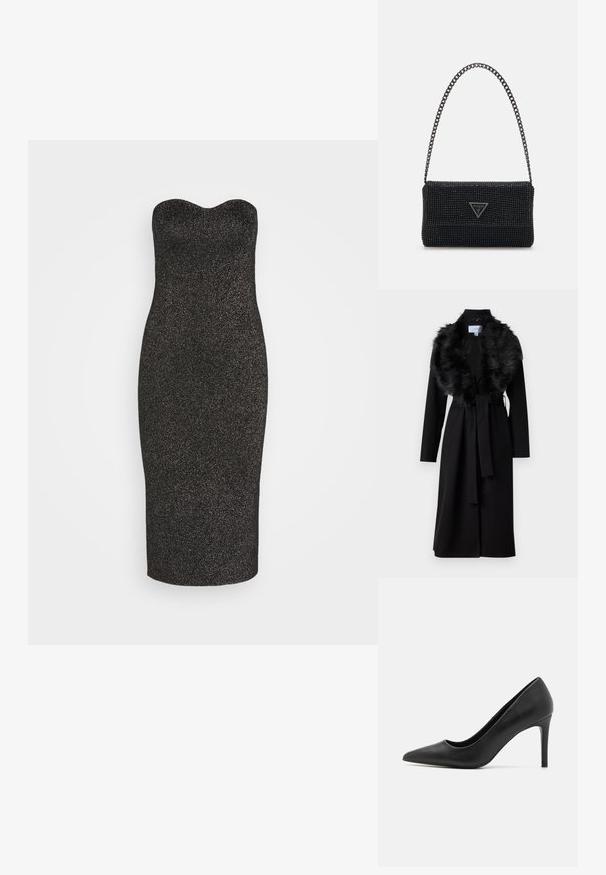 Lange zwarte jas met een nepbont kraag, ceintuur in de taille en lange mouwen. Beschikt over een soepele textuur en een eenvoudig, elegant ontwerp.; Abercrombie & Fitch PARTY STRAPLESS MIDI DRESS - Gebreide jurk - black; Zwarte hoge hakpumps met een spitse neus, gemaakt van glad leer, met een slank ontwerp en een dunne, cilindrische hak.; Zwarte parelhandtas met een textuur oppervlak, voorzien van een kettingriem en een driehoekige logo-plaat aan de voorkant. Compact rechthoekig ontwerp.