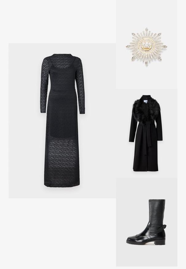 Long manteau noir avec un col en fausse fourrure, taille ceinturée et manches longues. Présente une texture lisse et un design simple et élégant.; Robe longue noire à manches longues, en tissu texturé transparent, avec un col rond et une silhouette près du corps qui descend jusqu'aux chevilles.; Bottine noire avec une tige en cuir lisse, des détails de brogue, un bout rond et un talon bloc de hauteur moyenne. Comprend un tige douce et texturée.; Broche en argent avec un design en rayons de soleil, mettant en vedette des strass clairs et un centre circulaire accentué d'or avec un emblème.