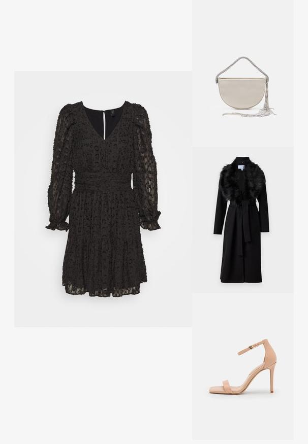 Pikk must mantel, millel on tehiskarvane krae, vöökoht ja pikad varrukad. Omab siledat tekstuuri ja lihtsat, elegantset disaini.; YAS YASVIVIAN DRESS - Päevakleit - black; Alasti kõrge kontsaga sandaal, millel on ruudukujuline varvas, ühesõrmeliist ja pahkluu rihm, mis on kinnitatud kuldse pannaluga. Sile nahktekstuur.; Beige satiinist poolkuu vormis käekott, millel on sädelev hõbedane ahelkand ja frantsiisidetailid. Sile tekstuur ja minimalistlik disain.