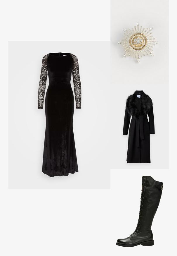 Lange zwarte jas met een nepbont kraag, ceintuur in de taille en lange mouwen. Beschikt over een soepele textuur en een eenvoudig, elegant ontwerp.; WAL G. DUSSA MAXI - Galajurk - black; Zwarte leren kniehoog laars met vetersluiting aan de voorkant, zilveren oogjes en een bucklet aan de zijkant. Heeft een gestructureerde afwerking en een gestapelde hak.; Gouden en zilveren broche in de vorm van een zonnestraal, met een centrale heldere edelsteen en stralende rijen van kleine heldere kristallen, met druppelaccenten.