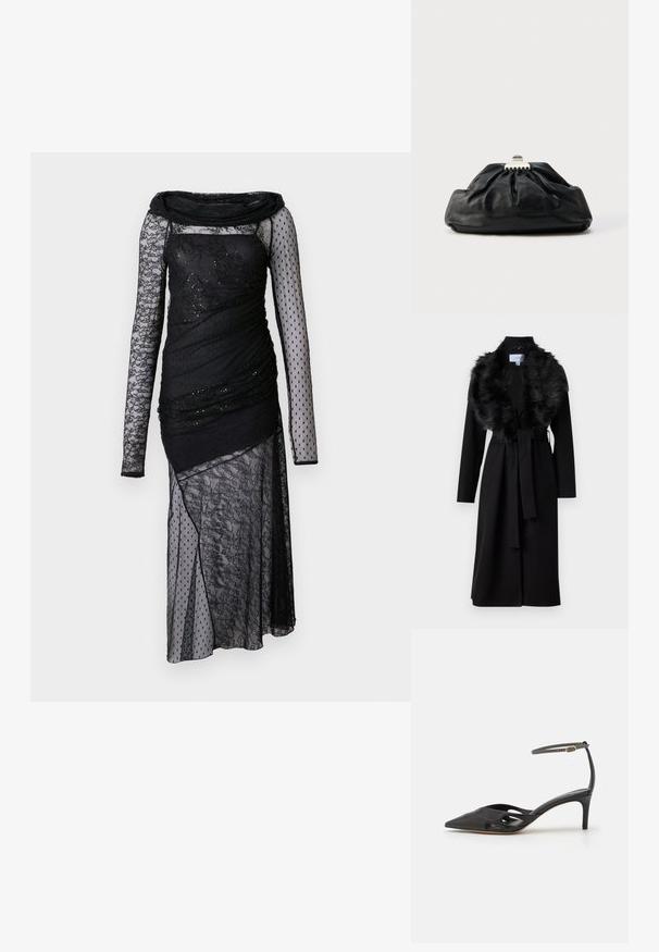 Lang sort frakke med en faux fur krave, bælte i taljen og lange ærmer. Har en glat tekstur og et enkelt, elegant design.; Pinko BRUCOMELA ABITO - Cocktailkjole / festkjole - nero limousine; Sort læder højhælet sko med spids tå, åbne sider og en tynd ankelrem med en lille guld detalje.; Sort læderclutch med en samlet tekstur, metal lukning og diskret præget logo på forsiden. Rundet form.