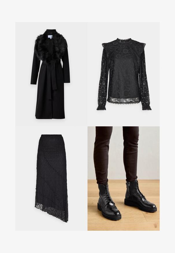 Pikk must mantel, millel on tehiskarvane krae, vöökoht ja pikad varrukad. Omab siledat tekstuuri ja lihtsat, elegantset disaini.; PIECES Tall PCOLLINE - Pluus - black; ONLY ONLKIM SLIT - Maksiseelik - black; Mustad musta nahast ankle-kingad, millel on brogue detailid, nööpidega esiosa, külgrihmad ja tekstureeritud kummitaldad. Kombineeritud tumedate kitsaste pükstega.