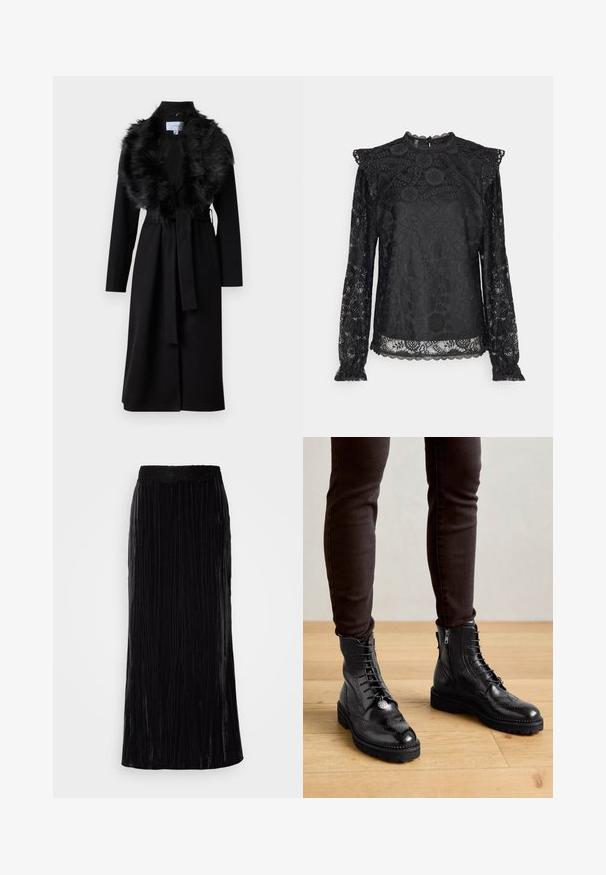 Lange zwarte jas met een nepbont kraag, ceintuur in de taille en lange mouwen. Beschikt over een soepele textuur en een eenvoudig, elegant ontwerp.; PIECES Tall PCOLLINE - Blouse - black; Zwarte fluwelen maxirok met verticale plooien en een golvende kant tailleband. De stof heeft een zachte, gestructureerde uitstraling.; Zwarte leren enkellaarsjes met brogue-details, een vetersluiting aan de voorkant, ritsen aan de zijkant en gestructureerde rubberen zolen. Gecombineerd met donkere slim-fit broek.