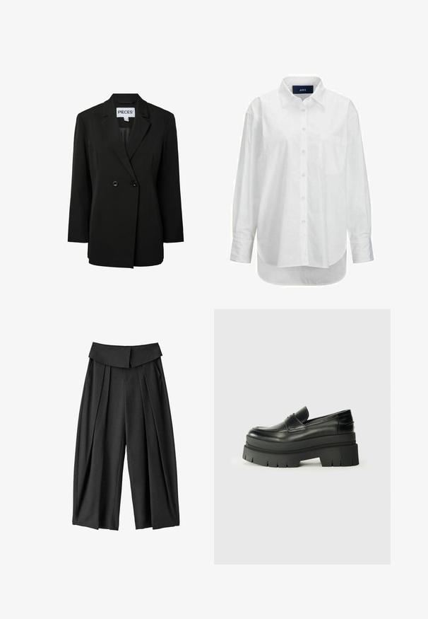 Pieces PCNOLINE LOOSE FIT - Blazer - black; Chemise blanche à manches longues en coton doux avec un col boutonné, une poche à l'avant et un ourlet arrondi. Présente un empiècement au dos pour plus de structure.; Pantalon noir taille haute à jambes larges avec plis devant et large ceinture pliée, présenté sur fond blanc.; Mocassins en cuir noir avec une semelle plateforme épaisse. Bout arrondi, détail de couture sur le devant et accents de surpiqûres subtils. Semelle plate et texturée.