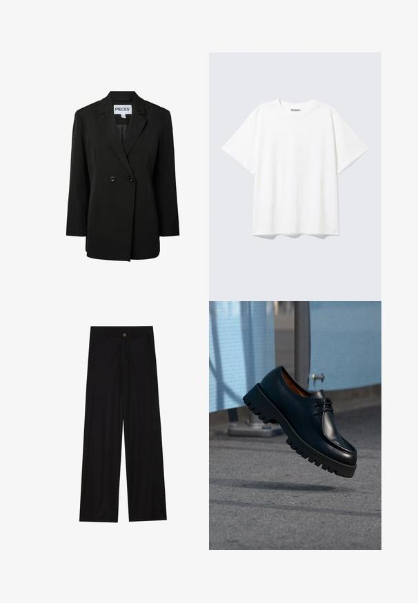 Pieces PCNOLINE LOOSE FIT - Σακάκι - black; Άσπρη κοντομάνικη μπλούζα με στρογγυλή λαιμόκοψη και χαλαρή εφαρμογή, με ετικέτα "WEEKDAY" στο πίσω μέρος του λαιμού εσωτερικά.; Φαρδιά μαύρα παντελόνια από λείο ύφασμα, με μπροστινές τσέπες και κουμπί στο κλείσιμο της μέσης. Μινιμαλιστικός σχεδιασμός χωρίς σχέδια.; Μαύρο δερμάτινο παπούτσι με χοντρή σόλα που αιωρείται πάνω από γκρι πλακόστρωτο με μπλε κατασκευαστικά εμπόδια στο φόντο.