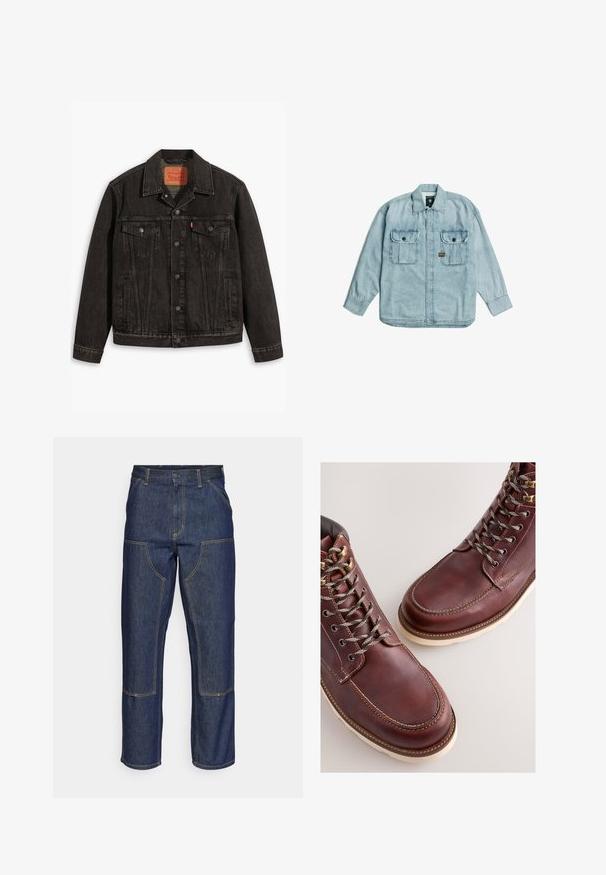 Zwarte spijkerjack met een klassiek ontwerp, voorzien van twee borstzakken, knoopsluiting en een puntige kraag. Gestructureerde stof met stikseldetails.; Lichtblauw denim shirt met lange mouwen, kraag, knoopsluiting aan de voorkant en twee borstzakken met knopen op een witte achtergrond.; Donkerblauwe denim jeans met een hoge taille, rechte pijpen, contrasterende stiksels en opgestikte zakken aan de voorkant.; Bruine leren laarzen met een gladde afwerking, voorzien van metalen veteroogjes, grijze veters en een rubberen zool in crèmekleur. Stiksel detail langs de randen.