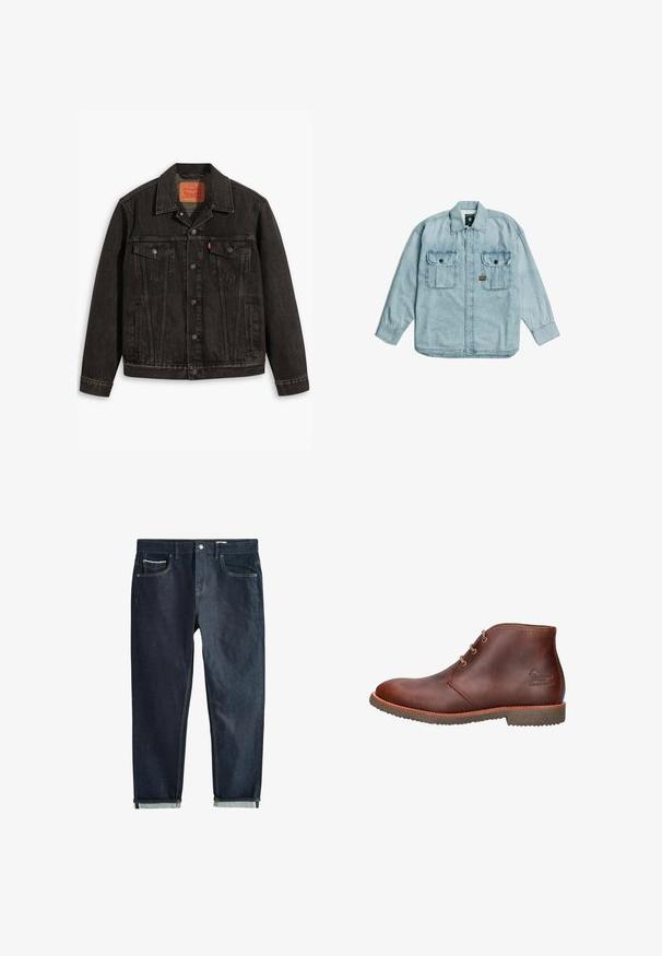 Zwarte spijkerjack met een klassiek ontwerp, voorzien van twee borstzakken, knoopsluiting en een puntige kraag. Gestructureerde stof met stikseldetails.; Lichtblauw denim shirt met lange mouwen, kraag, knoopsluiting aan de voorkant en twee borstzakken met knopen op een witte achtergrond.; Donkere denim jeans met een rechte pijp, voorzien van een knoopsluiting, twee voorzakken en opgerolde boorden. Soepele textuur, minimale stiksels.; Bruine leren enkellaars met drie oogjes voor veters, rubberen zool en een reliëflogo aan de zijkant.