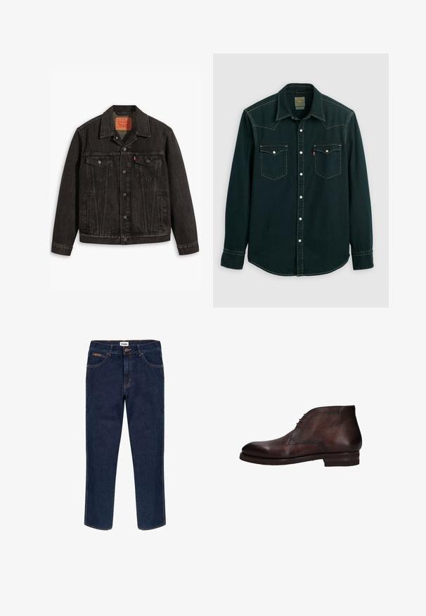 Zwarte spijkerjack met een klassiek ontwerp, voorzien van twee borstzakken, knoopsluiting en een puntige kraag. Gestructureerde stof met stikseldetails.; Donkergroene overhemdd blouse gemaakt van denim stof, voorzien van twee borstzakken met drukknoopsluiting, contrasterende gele stiksels en een klassieke kraag.; Donkerblauwe Wrangler jeans met vijf zakken, knoopsluiting en oranje stiksels, plat tegen een witte achtergrond weergegeven.; Bruine, gestructureerde leren enkellaars voor heren met afgeronde neus, vetersluiting aan de voorkant en lage gestapelde hak, tegen een witte achtergrond.