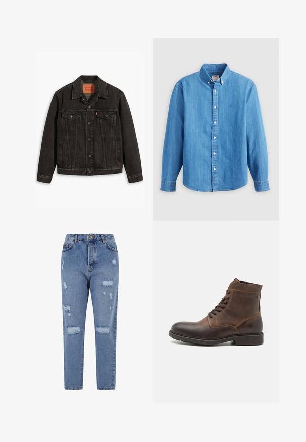 Sort denimjakke med et klassisk design, der har to brystlommer, knaplukning og spids krave. Textureret stof med sømdetaljer.; Lyseblå denimskjorte med lange ærmer, knap-ned krave og hvide knapper. Har et lille broderet logo på brystet.; Lys blå denimjeans med høj talje, lige ben og distressed design, der har huller og flagrende kanter overalt.; Jack & Jones JFWDELANEY BOOT - Snørestøvletter - cognac