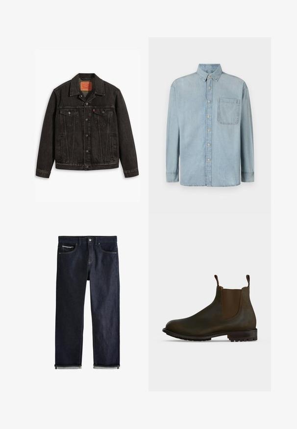Zwarte spijkerjack met een klassiek ontwerp, voorzien van twee borstzakken, knoopsluiting en een puntige kraag. Gestructureerde stof met stikseldetails.; Lichtblauwe denim shirt met lange mouwen, een knoopsluiting aan de voorkant en een enkele borstzak. Het heeft een klassieke kraag en standaard manchetten.; Donkerblauwe spijkerbroek met opgerolde pijpen, knoop- en ritssluiting, voor- en muntzakken en contrasterende stiksels op een witte achtergrond.; Donkerbruine leren Chelsea-laars met elastische zijpanelen, aantreklus bij de enkel en een grof profiel rubberen zool.