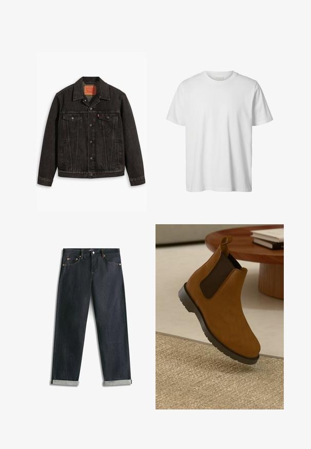Mustvalge denim jakk klassikalise disainiga, millel on kaks rinna taskut, nupuvajutuse sulgemine ja terav krae. Tekstuuriga kangas, millel on õmblusdetailid.; Lihtne valge lühikeste varrukatega ümara kaelusega t-särk, lõdva istuvusega, esiküljel pole nähtavaid logosid või mustreid.; Tumedad sinist teksapüksid keeratud äärega, viie tasku ja kontrastõmblusega, asetatud tasapinnale valgel taustal.; Pruuni nahast Chelsea saapad mustade elastsete külgpaneelidega, ümmarguse varbaga, tekstureeritud kummitald ja väike tõmblukk tagaküljel.