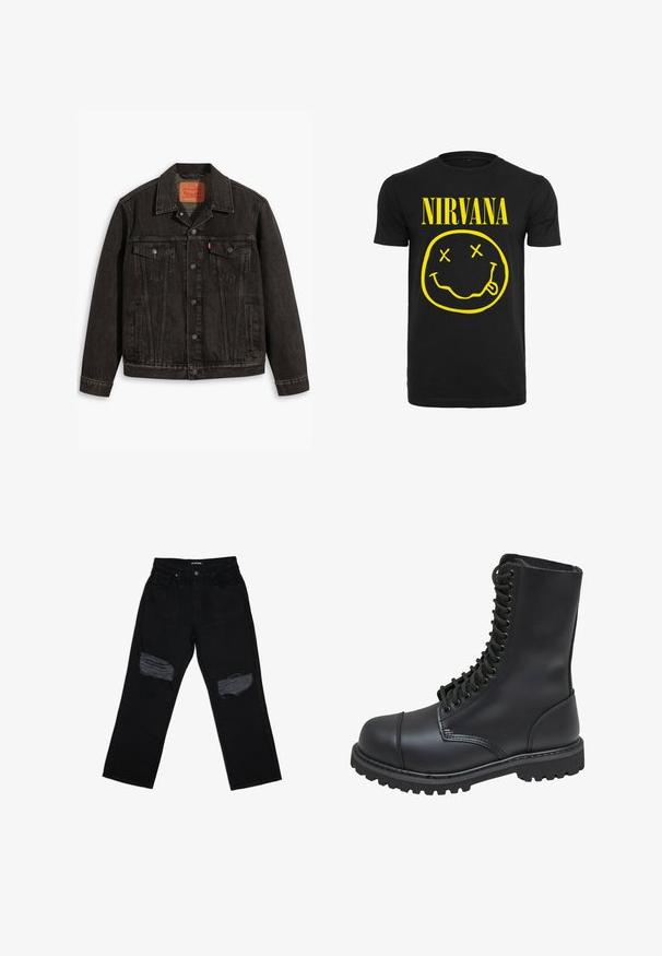 Sort denimjakke med et klassisk design, der har to brystlommer, knaplukning og spids krave. Textureret stof med sømdetaljer.; Sort bomulds T-shirt med stor gul "NIRVANA" tekst og et smilende ansigt med krydsede øjne og en strittende tunge.; Sorte denimjeans med afslappet pasform, der har to slidte pletter på knæene. Stoffet har en glat tekstur og minimal falmning.; Sort læder kampstøvle med høj skaft, snørebånd foran, polstret krave og en robust tekstureret sål for godt greb. Har forstærket tåhætte.