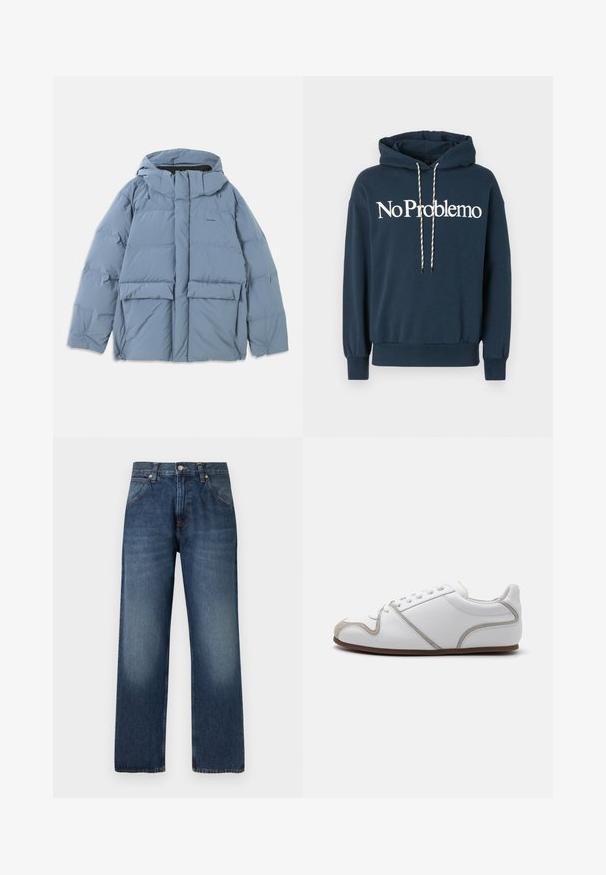 Chaqueta acolchada de color azul claro con capucha, que presenta un cierre delantero, dos grandes bolsillos frontales y una textura suave y acolchada.; Sudadera con capucha de color azul marino con el texto "No Problemo" en blanco, que presenta un cordón con patrones en blanco y negro y puños acanalados.; Vaqueros azul oscuro de pierna recta con cierre frontal de botón y cremallera, bolsillos delanteros y detalles sutiles descoloridos en los muslos.; Zapatilla blanca con parte superior de cuero liso, detalles en ante gris y un diseño de cordones sencillo. Suela de goma marrón antideslizante; estilo minimalista.