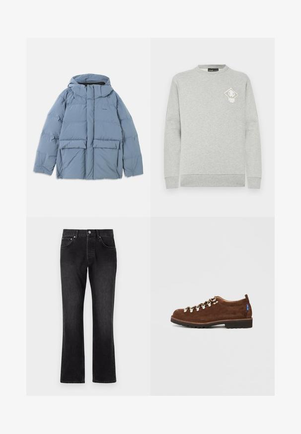 Lichtblauwe pufferjas met een capuchon, voorzien van een ritssluiting aan de voorkant, twee grote voorzakken en een gladde, doorgestikte textuur.; Grijze sweatshirt met lange mouwen, ronde hals en geribbelde manchetten. Voorzien van een klein wit en goud diamantlogo op de borst. Zachte textuur.; Zwarte denim jeans met een rechte pasvorm, voorzien van een middelhoge taille, voorzakken en een klassieke knoopsluiting.; Bruine suède schoenen met een laag profiel ontwerp, voorzien van metalen ogingen en witte veters, versterkte neus en een gestructureerde zwarte rubberen zool.
