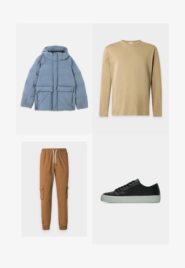 Chaqueta acolchada de color azul claro con capucha, que presenta un cierre delantero, dos grandes bolsillos frontales y una textura suave y acolchada.; Camiseta beige de manga larga con cuello redondo y un diseño simple y liso sobre un fondo gris claro.; Pantalones cargo marrones con cintura elástica, cordón ajustable, puños en los tobillos y bolsillos laterales para utilidad. Textura de tela suave.; Zapatilla negra de cuero con acabado liso, que presenta una puntera ancha y una suela de goma gris clara. Cordones y acentos mínimos completan el diseño.