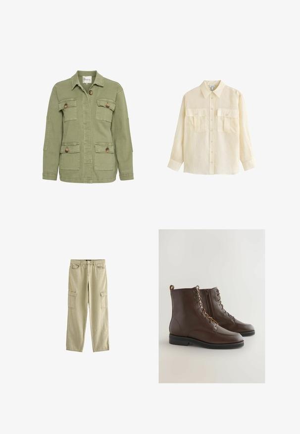 Olivgrüne Jacke aus Baumwollmischung, mit vorderem Knopfverschluss, vier Taschen und einem klassischen Kragen. Strukturiertes Stofffinish.; Beige Langarm-Hemd mit Knopfleiste, Kragen und zwei vorderen Brusttaschen mit Klappe und Knopf, auf weißem Hintergrund dargestellt.; Beige Cargo-Hosen mit bequemer Passform, zwei seitlichen Taschen und einem Knopfverschluss. Der Stoff hat eine glatte Textur mit leichten Falten.; Braune Leder-Stiefeletten mit runder Spitze, Schnürung und einem seitlichen Reißverschluss, ausgestattet mit einem gestickten Design und einer niedrigen schwarzen Gummisohle.