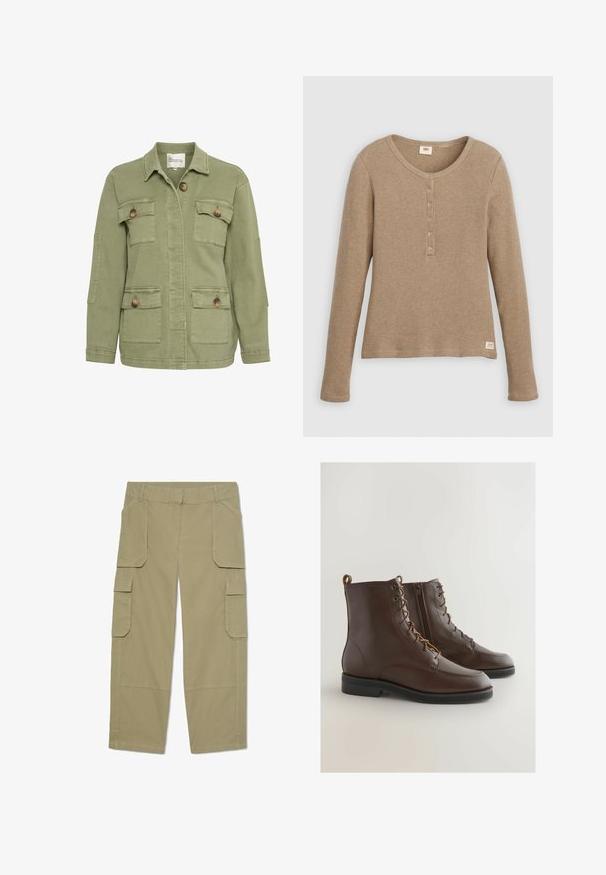 Olijfgroene jas van een katoenmix, met een sluiting aan de voorkant met knopen, vier zakken en een klassieke kraag. Textuur op de stof.; Beige henleyshirt met lange mouwen en wafelstructuur, ronde hals en knoopsluiting met vijf knopen, plat weergegeven tegen een witte achtergrond.; Khakikleuren cargobroek met meerdere klepzakken aan de voorkant en zijkanten, rechte pijpen en riemlussen in de taille.; Bruine leren enkelboots met een ronde neus, vetersluiting en een rits aan de zijkant, met een gestikt ontwerp en een lage zwarte rubberen zool.