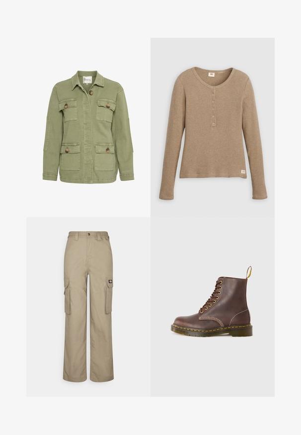 Olijfgroene jas van een katoenmix, met een sluiting aan de voorkant met knopen, vier zakken en een klassieke kraag. Textuur op de stof.; Beige henleyshirt met lange mouwen en wafelstructuur, ronde hals en knoopsluiting met vijf knopen, plat weergegeven tegen een witte achtergrond.; Beige cargobroek gemaakt van duurzame stof, met een relaxte pasvorm, meerdere zijzakken en een elastische tailleband met knoopsluiting.; Bruine leren veterschoenen met gele stiksels, ronde neus en een stevige rubberen zool. Voorzien van een treklus aan de hak voor gemakkelijk aan- en uittrekken.