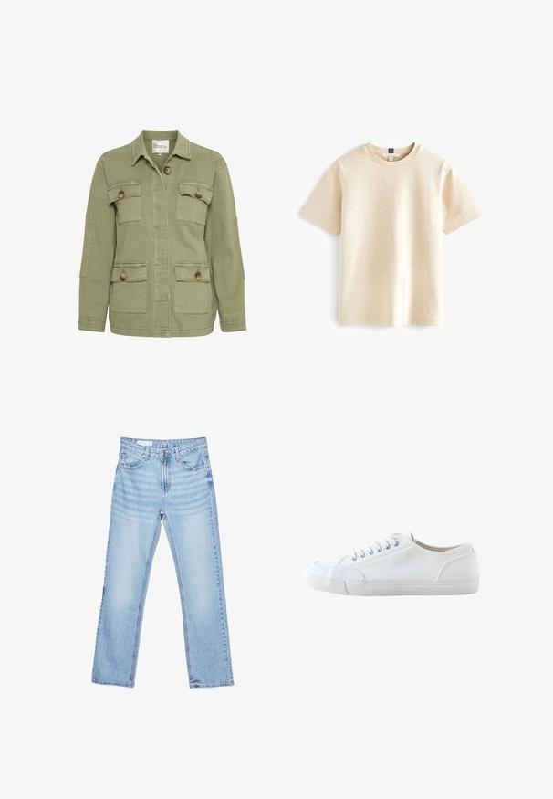 Olivgrüne Jacke aus Baumwollmischung, mit vorderem Knopfverschluss, vier Taschen und einem klassischen Kragen. Strukturiertes Stofffinish.; Beige T-Shirt mit kurzen Ärmeln und Rundhalsausschnitt, aus weichem Stoff mit einer dezenten Textur und einer lockeren Passform. Keine sichtbaren Logos.; Hellblaue Jeans mit geradem Bein, fünf Taschen und Knopfverschluss in der Taille, flach auf weißem Hintergrund liegend.; Weißer niedriger Canvas-Sneaker mit weißen Schnürsenkeln und Gummisohle, von der Seite auf weißem Hintergrund dargestellt.