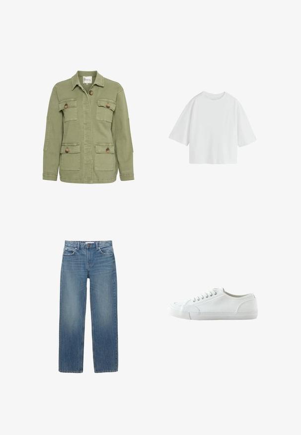 Olijfgroene jas van een katoenmix, met een sluiting aan de voorkant met knopen, vier zakken en een klassieke kraag. Textuur op de stof.; Effen witte oversized T-shirt met korte mouwen, een ronde hals en een losse pasvorm.; Lichtblauwe denim jeans met een rechte snit, vijf zakken en koperen hardware. De stof heeft een lichte vervaging en een gladde textuur.; Witte lage canvas sneaker met vetersluiting aan de voorkant, rubberen zool en een getextureerde neuskap, weergegeven vanaf de buitenkant op een witte achtergrond.