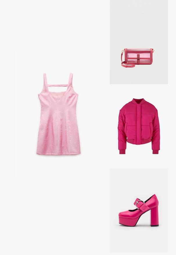 Chaqueta acolchada corta de color rosa brillante con cuello redondo, puños acanalados y cierre en el frontal. Presenta paneles acolchados y una textura suave.; Vestido sin mangas de color rosa con una tela texturizada, escote recto y corte cuadrado en la espalda. Presenta una silueta ajustada y un dobladillo a la altura de la rodilla.; LAMODA FORGET ME PLATFORM - Zapatos altos - fuchsia; Bolso de hombro rectangular transparente rosa con cierre de solapa y correa ajustable, colocado sobre un fondo claro y sencillo.