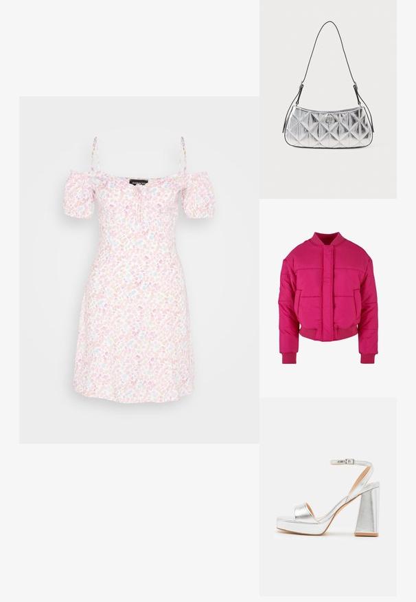 Fuchsia cropped pufferjack met een ronde hals, ribbelmanchetten en een sluiting aan de voorkant. Beschikt over gequiltte panelen en een gladde textuur.; Even&Odd Jurk - off-white/pink; Zilveren platform sandalen met een brede teenband, enkelband met gesp en een chunky hak. Gladde metallic afwerking en plat zoolontwerp.; Metalen zilveren schoudertas met een gequilt ontwerp, gladde textuur en een zwarte verstelbare schouderriem. Heeft een klein logo detail aan de voorkant.