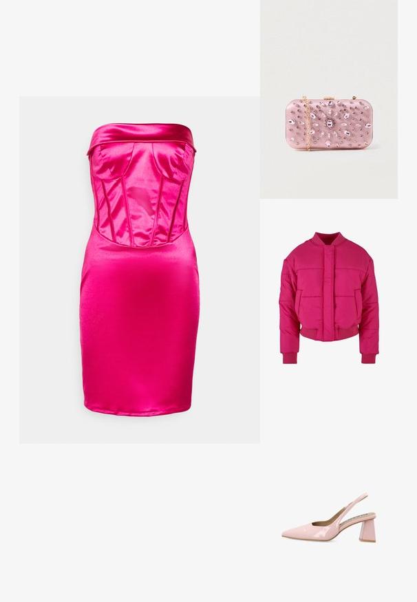 Fuchsia cropped pufferjack met een ronde hals, ribbelmanchetten en een sluiting aan de voorkant. Beschikt over gequiltte panelen en een gladde textuur.; WAL G. MILLA CORSET - Cocktailjurk - fuchsia; Bianco Klassieke pumps - dusty pink; Roze satijnen clutch met juweelversieringen, rechthoekige vorm, gouden ketting en een sluiting met clasp, met een bloemenpatroon in rhinestones.