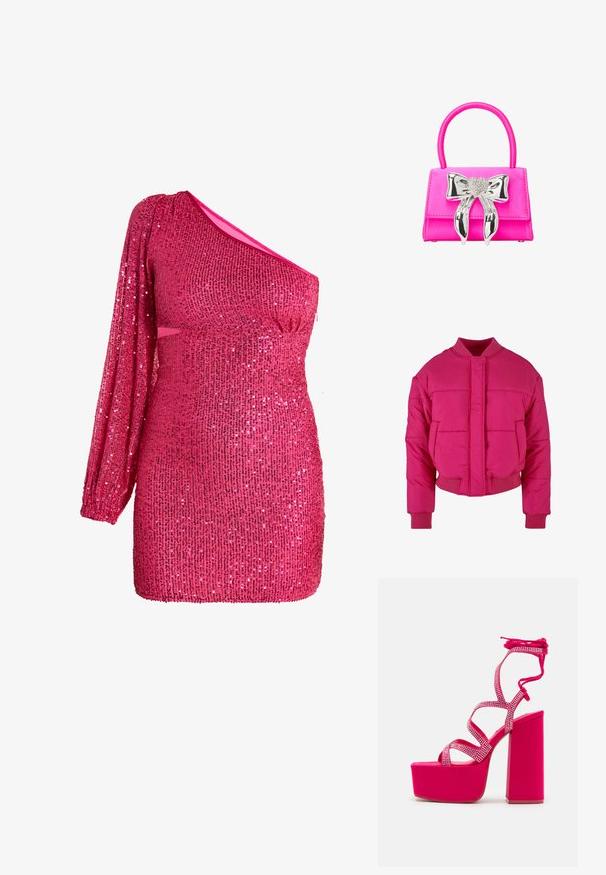 Fuchsia cropped pufferjack met een ronde hals, ribbelmanchetten en een sluiting aan de voorkant. Beschikt over gequiltte panelen en een gladde textuur.; Fuchsia pailletten jurk met één lange mouw, getailleerde pasvorm en geplooid detail bij de taille, die een levendig, textuur oppervlak laat zien.; Steve Madden CHAMPAGNE - Sandalen met plateauzool - pink; Roze satijnen handtas met een gestructureerde vorm, voorzien van een grote zilveren strik met een hartdetail en een comfortabele, gebogen handgreep.
