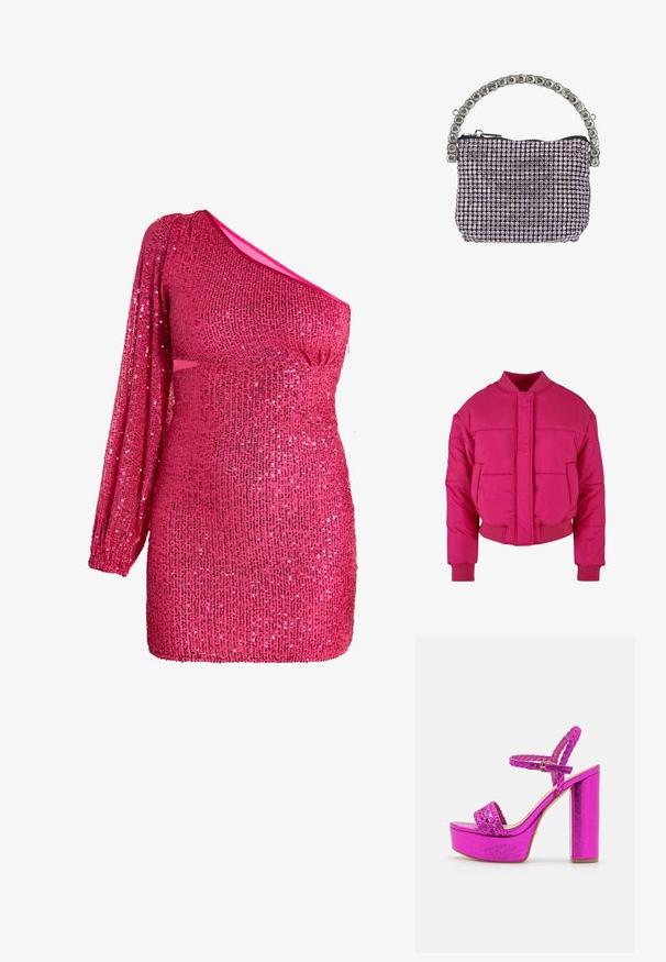 Chaqueta acolchada corta de color rosa brillante con cuello redondo, puños acanalados y cierre en el frontal. Presenta paneles acolchados y una textura suave.; Vestido de lentejuelas fucsias con una manga larga, silueta ajustada y detalle fruncido en la cintura, que muestra una superficie vibrante y texturizada.; Sandalia de tacón alto metálica en fucsia con una correa trenzada en el tobillo, banda frontal texturizada y plataforma gruesa. Acabado suave y color vibrante.; Pequeño bolso de noche rectangular cubierto de pedrería morada con un asa adornada con pedrería plateada y cierre de cremallera negra.