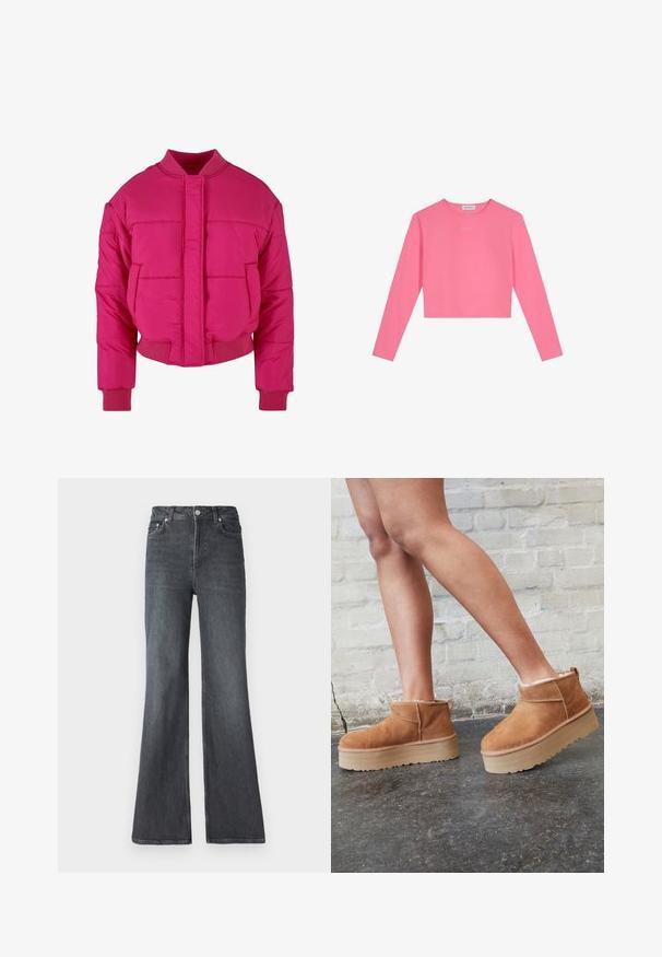Fuchsia cropped pufferjack met een ronde hals, ribbelmanchetten en een sluiting aan de voorkant. Beschikt over gequiltte panelen en een gladde textuur.; Langsleeve, cropped top in felroze katoen. Kenmerkt zich door een ronde halslijn en een klein wit logo op de borst. Zachte, gladde textuur.; Donkerdenim, flared jeans met een hoge taille, voorzien van voorzakken, een ritssluiting en een klassiek vijfzakkenontwerp.; Bruine suède enkelboots met een zachte voering, dikke beige plateauzool en een achterste lus. Getextureerde oppervlakte met zichtbare stiksels.