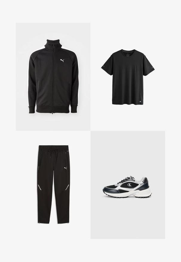 Zwarte ritssluitingjack gemaakt van gladde stof, met witte zijstrepen en een hoge kraag, met een klein wit Puma-logo op de borst.; Zwart actief t-shirt met korte mouwen en ronde hals, met subtiele logo's op de mouwen en onderzoom, maat medium.; Zwarte atletische broek van lichtgewicht materiaal. Voorzien van een elastische tailleband, een trekkoord, zakken met rits en reflecterende accenten.; Zwarte en zilveren sport sneaker met een bovenwerk van mesh en synthetisch materiaal, getextureerde accenten, dikke witte tussenzool en zwarte rubberen buitenzool. Bevat een logo.