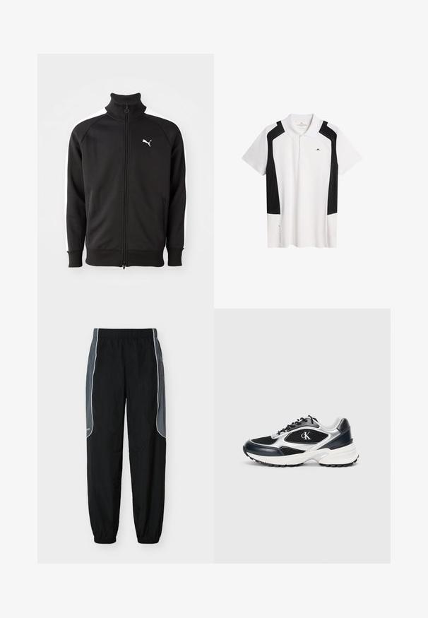 Zwarte ritssluitingjack gemaakt van gladde stof, met witte zijstrepen en een hoge kraag, met een klein wit Puma-logo op de borst.; Witte polo shirt met zwarte accenten. Korte mouwen, klassieke kraag, gemaakt van soepele stof. Heeft een logo op de borst en een zijdetail.; Zwarte trainingsbroek met donkergrijze zijpanelen en witte bies, elastische tailleband en boorden, weergegeven tegen een witte achtergrond.; Zwarte en zilveren sport sneaker met een bovenwerk van mesh en synthetisch materiaal, getextureerde accenten, dikke witte tussenzool en zwarte rubberen buitenzool. Bevat een logo.