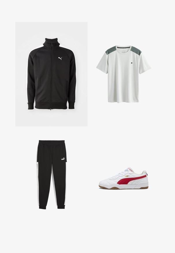 Zwarte ritssluitingjack gemaakt van gladde stof, met witte zijstrepen en een hoge kraag, met een klein wit Puma-logo op de borst.; Wit sportief T-shirt met korte mouwen, grijze mesh schouderpanelen en een klein zwart logo op de linkerborst.; Zwarte jogger broek met elastische tailleband, zijzakken en witte zijpanelen. Kenmerkt een witte "PUMA" logo aan de voorkant.; Witte sneaker met rode accenten, rubberen zool, gewatteerde kraag, bovenwerk van leer en synthetisch materiaal, met een gouden logo aan de zijkant en gestructureerde details.