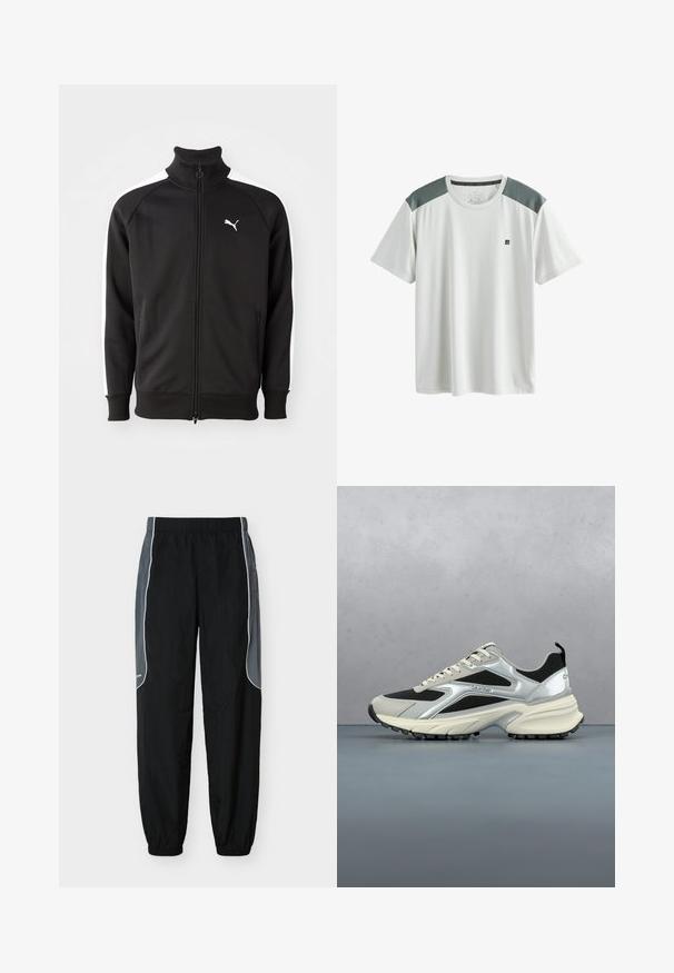 Zwarte ritssluitingjack gemaakt van gladde stof, met witte zijstrepen en een hoge kraag, met een klein wit Puma-logo op de borst.; Wit sportief T-shirt met korte mouwen, grijze mesh schouderpanelen en een klein zwart logo op de linkerborst.; Zwarte trainingsbroek met donkergrijze zijpanelen en witte bies, elastische tailleband en boorden, weergegeven tegen een witte achtergrond.; Moderne zwarte en zilveren Calvin Klein sneaker zwevend boven een houten tegelvloer met een wazige buitenachtergrond.