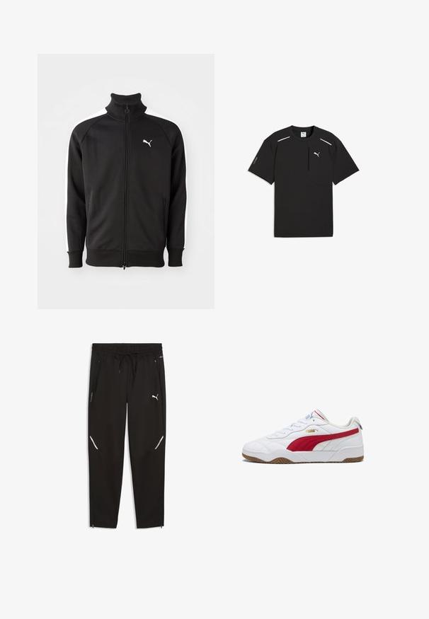 Veste noire zippée en tissu lisse, avec des rayures latérales blanches et un col montant, arborant un petit logo Puma blanc sur la poitrine.; T-shirt Puma Tech noir à manches courtes avec logo blanc sur la poitrine, poche zippée à l'avant droite et bandes réfléchissantes près des épaules.; Pantalon de sport noir en matière légère. Comprend une ceinture élastique, un cordon de serrage, des poches zippées et des accents réfléchissants.; Baskets blanches avec des accents rouges, semelle en caoutchouc, col rembourré, tige en cuir et synthétique, avec un logo doré sur le côté et des détails texturés.