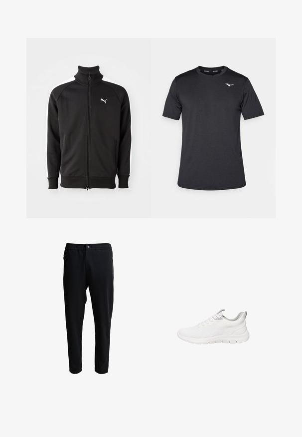 Zwarte ritssluitingjack gemaakt van gladde stof, met witte zijstrepen en een hoge kraag, met een klein wit Puma-logo op de borst.; Zwart sportshirt met korte mouwen, gemaakt van een gladde stof, met een ronde halslijn en een subtiele logo op de borst.; Zwarte joggingbroek met een elastische tailleband, zijzakken met rits en taps toelopende pijpen. Gemaakt van zachte stof met een gladde textuur.; Witte sportieve sneaker met mesh bovenwerk, vetersluiting, gevoerde kraag en flexibele rubberen zool, getoond in zijaanzicht op witte achtergrond.