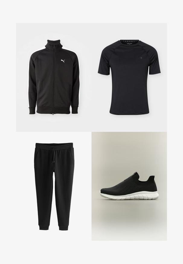 Zwarte ritssluitingjack gemaakt van gladde stof, met witte zijstrepen en een hoge kraag, met een klein wit Puma-logo op de borst.; Zwart sport T-shirt met korte mouwen en een ronde hals met klein logo op de linkerborst, weergegeven op een effen lichte achtergrond.; Zwarte taps toelopende joggingbroek met elastische tailleband, trekkoord, zijzakken en omgeslagen enkels, plat uitgespreid op een witte achtergrond.; Zwarte instapsneaker met ademend gebreid bovenwerk en witte, gevoerde zool, ontworpen voor lichtgewicht comfort en eenvoudig dragen.