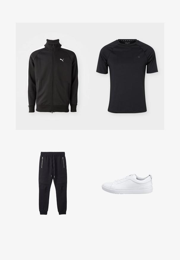 Zwarte ritssluitingjack gemaakt van gladde stof, met witte zijstrepen en een hoge kraag, met een klein wit Puma-logo op de borst.; Zwart sport T-shirt met korte mouwen en een ronde hals met klein logo op de linkerborst, weergegeven op een effen lichte achtergrond.; Zwarte joggerbroek met elastische tailleband, trekkoord, ritssluitingen in de zakken, geribbelde details op de knieën en omgeslagen enkels.; Witte leren sneaker met een gladde textuur, ronde neus, platte rubberen zool en discreet logo aan de zijkant. Veters lopen door zes oogjes.