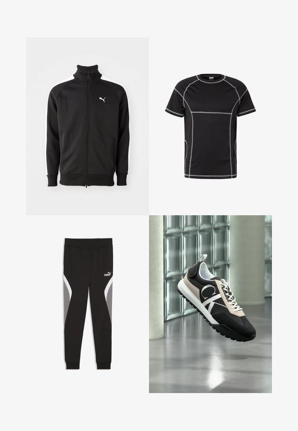 Veste noire zippée en tissu lisse, avec des rayures latérales blanches et un col montant, arborant un petit logo Puma blanc sur la poitrine.; T-shirt de sport noir à manches courtes avec des coutures plates blanches contrastantes et un col rond, présenté sur fond blanc.; Pantalon de survêtement Puma noir avec taille élastique, poignets resserrés, panneaux latéraux incurvés gris et blancs, logo Puma sur la cuisse gauche supérieure.; Baskets noires et beiges avec lacets blancs et logo, flottant au-dessus d'un sol gris poli avec un mur en briques de verre en arrière-plan.