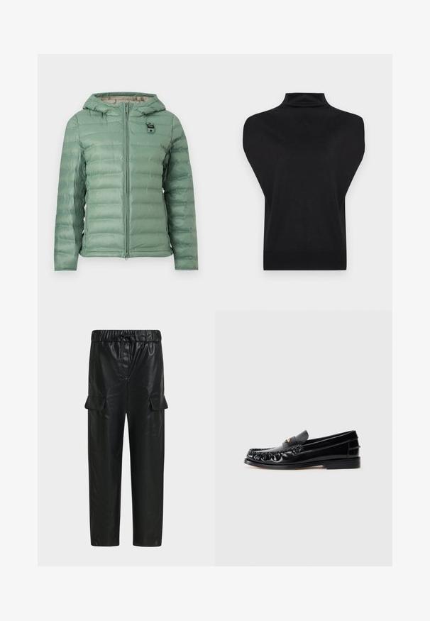 Veste matelassée à capuche de couleur vert clair avec fermeture éclair à l'avant et petite pièce noire sur la poitrine, présentée sur un fond uni.; Pull noir sans manches à col roulé avec de larges panneaux aux épaules et un ourlet côtelé ajusté, présenté sur un fond blanc.; Pantalon cargo noir en similicuir avec taille élastique, cordon de serrage et poches à rabat des deux côtés.; Mocassins en cuir noir avec un bout arrondi, des coutures décoratives et un petit accent doré sur le dessus. Semelle en caoutchouc plate, design épuré.