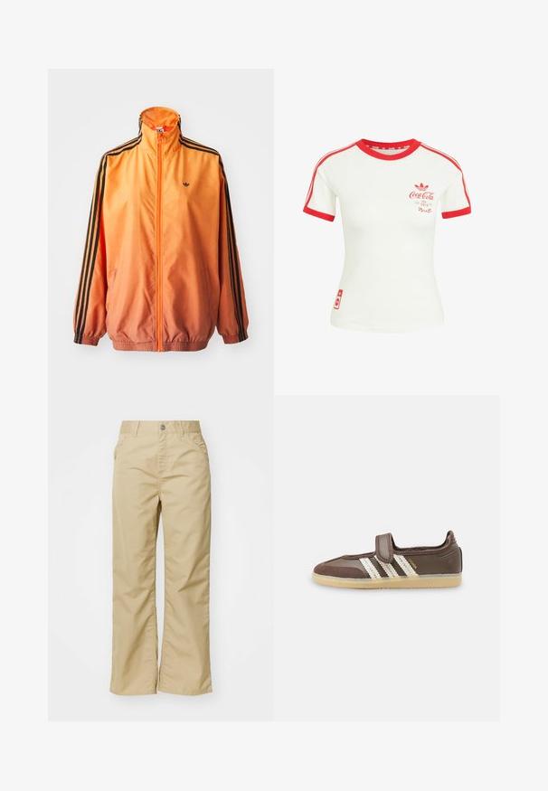 Orange gradient trackjakke lavet af glat stof, med sorte stribede detaljer, høj krave og elastiske manchetter samt lynlås foran.; Hvid T-shirt med korte ærmer med rød krave, ærmekant, striber og Coca-Cola-logo på brystet og nederste side.; Beige bomuldsbukser med brede ben og en glat tekstur, der har forlommer og en sølvknap i taljen.; Brun sneaker med beige gummisål, tre hvide striber på siden og en enkelt velcrolukning over vristen.