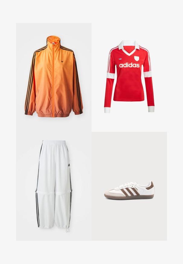 Oranje gradient trackjack met een gladde stof, voorzien van zwarte gestreepte accenten, hoge kraag en elastische manchetten met een rits aan de voorkant.; Rode lange mouwen voetbalshirt met een witte kraag en manchetten. Heeft drie witte strepen op de schouders en het "adidas" logo prominent weergegeven.; Witte sportbroek met een relaxte pasvorm, elastische tailleband en zwarte zijkanten. Voorzien van ritszakken en elastische boorden bij de enkels.; Witte Adidas Samba sneaker met bruine suède strepen, bruine rubberen zool en beige suède neuskap, getoond vanaf de buitenkant op een effen achtergrond.