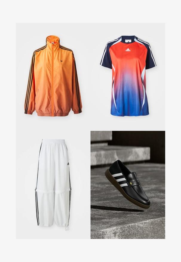 Orange gradient trackjakke lavet af glat stof, med sorte stribede detaljer, høj krave og elastiske manchetter samt lynlås foran.; Adidas kortærmet sports T-shirt med en gradient fra rød til blå, med marineblå akcenter og hvide striber langs skuldrene.; Hvide sportbukser med en afslappet pasform, elastisk talje og sorte sidelæg. Har lynlåslommer og elastiske afslutninger ved anklerne.; Sort læderloafer med hvide striber og brun sål, placeret oven på betonstrin, der kaster en skygge på jorden.